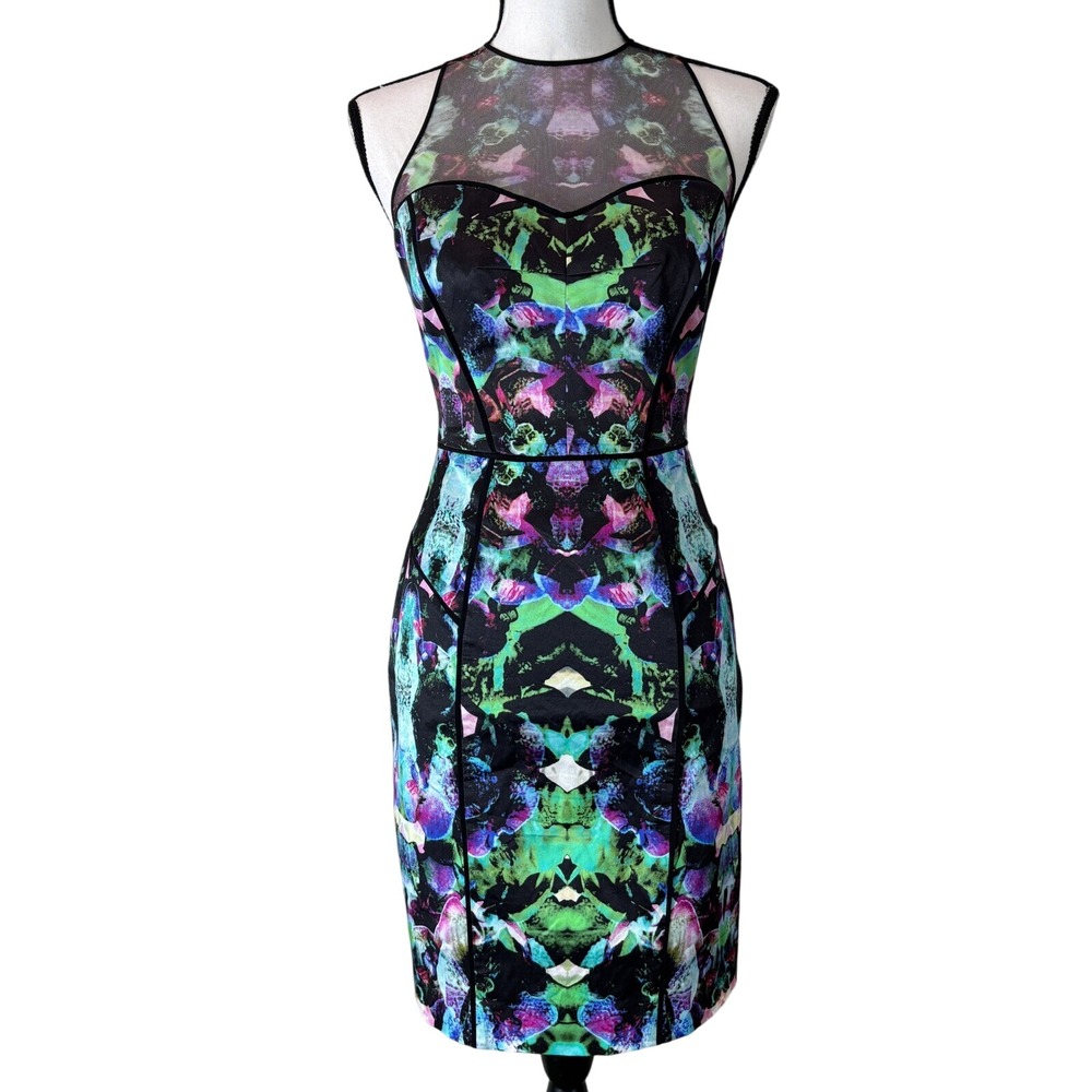 Milly Sheath Dress Floral Print Illusion Neckline Party Cocktail Dress‎ XS